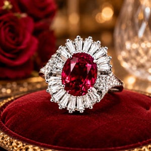 Anillo ovalado de rubí natural y diamantes en oro blanco de 14 quilates, regalo de aniversario (sin necesidad de importación).