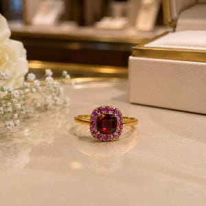 Puede incluir: Un anillo de oro con una piedra preciosa granate de color rojo intenso y talla cojín en el centro, rodeada por un halo de pequeñas piedras de color rosa vibrante. El engaste es de oro pulido y el aro tiene un diseño sencillo y liso.