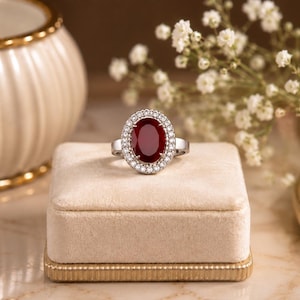 Puede incluir: Un anillo de tono plateado con una gran piedra preciosa de color rojo intenso y corte ovalado en el centro, rodeada por un halo de pequeñas piedras claras y brillantes. El anillo está colocado sobre un cojín cuadrado de color beige.