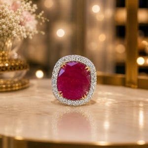 May include: A ring featuring a large, oval-cut deep red ruby as the centrepiece, secured by yellow gold prongs. The ruby is surrounded by a halo of numerous small, clear, round-cut white diamonds set in a bright, polished metal band.