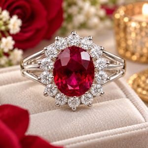 Ovalslipad naturlig rubin diamant bröllopsring 14K vitguld (importfri)