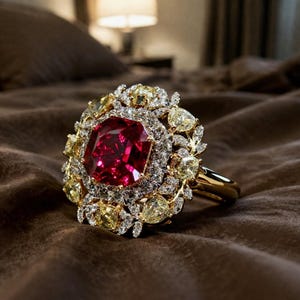 May include: A gold ring with a large, square-cut, deep red gemstone at its centre. The ring is encircled by smaller yellow and clear gemstones, creating a halo. The ring is displayed on a brown, textured surface.