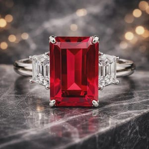 May include: A silver-toned ring featuring a large, rectangular emerald-cut red gemstone at the center, flanked by two smaller, trapezoidal-cut clear white gemstones on either side, all set in a polished metal band with four prongs per stone.