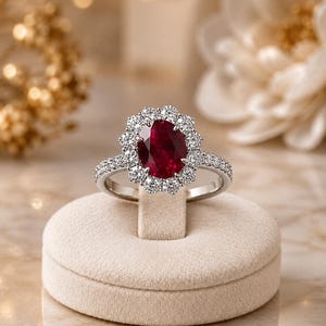 May include: A silver-coloured ring featuring a large, oval-cut deep red ruby at the centre. The ruby is surrounded by a halo of small, round, clear white diamonds. The band is also set with small, round, clear white diamonds along the sides.