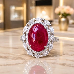 Op de afbeelding: Een ring met een grote, ovaalvormige, dieprode cabochon edelsteen in het midden. De steen is omringd door een dubbele halo van kleine, heldere, fonkelende diamanten, met marquise-geslepen diamanten die de buitenste rand van de zetting vormen.