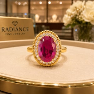4.00  Oval Natural Ruby & Diamond Ring 14K Yellow Gold Anniversary Promise(Import Free)