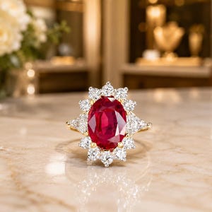 May include: A gold ring featuring a large, oval-cut, deep red ruby at the centre, surrounded by a halo of twelve brilliant-cut white diamonds. The setting is crafted from yellow gold, with the stones arranged in a floral-inspired cluster design.