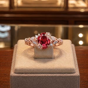 Op de afbeelding: Een roségouden ring met een centrale ovaal geslepen dieprode edelsteen. De ringband is ontworpen met gedetailleerde metalen bladmotieven en kleine bloemaccenten, elk bezet met piepkleine heldere steentjes voor een botanische uitstraling.