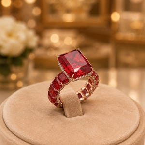 Op de afbeelding: Een ring met een grote, rechthoekige, gefacetteerde rode edelsteen als middelpunt, omringd door een halo van kleine witte steentjes. De ringband bestaat uit een reeks kleinere, rechthoekige rode edelstenen in een aaneengesloten ontwerp.