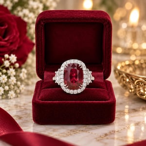 May include: A silver ring featuring a large, oval-cut deep red gemstone at the center, surrounded by a halo of small, round, clear stones. The ring is set in a dark red velvet box with a hinged lid, showcasing a polished metal band.
