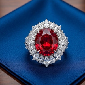 Puede incluir: Un anillo que presenta una gran piedra preciosa de color rojo intenso con corte ovalado en el centro, rodeada por un doble halo de numerosas piedras blancas claras con corte marquesa engastadas en una banda de metal de tono plateado brillante.