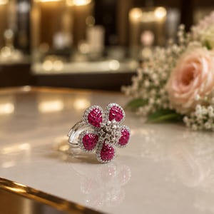 Op de afbeelding: Een zilverkleurige ring met een groot bloemvormig middendeel. De vijf bloemblaadjes zijn gevuld met levendige rode stenen, terwijl het midden en de randen van de bloemblaadjes zijn ingelegd met kleine, heldere, sprankelende witte steentjes.
