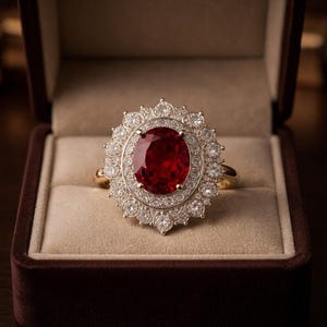 Puede incluir: Un anillo de oro con una gran gema ovalada de color rojo oscuro en el centro, rodeada por un halo de gemas más pequeñas y claras. El anillo se presenta en un joyero de terciopelo marrón oscuro con interior beige.