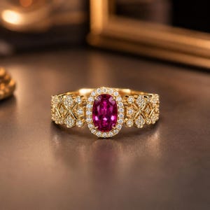 May include: A gold ring featuring a central oval-cut deep pink gemstone surrounded by a halo of small round white stones. The band displays an intricate openwork pattern of repeating floral-like shapes accented with tiny embedded white stones.