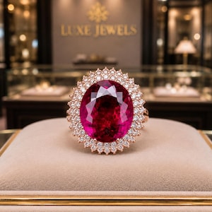 May include: A ring featuring a large, oval-cut, deep pink gemstone set in a rose gold band. The central stone is surrounded by a double halo of small, round, clear white diamonds, creating a brilliant, multi-layered, circular floral design.
