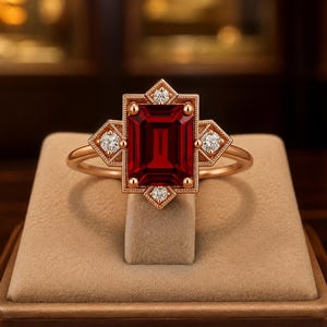 Op de afbeelding: Een roségouden ring met een grote, rechthoekige, smaragdgeslepen dieprode edelsteen in het midden. De zetting is versierd met vier kleine, ronde, helderwitte stenen die in een geometrisch ruitpatroon rondom de hoofdsteen zijn geplaatst.