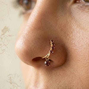 May include: A gold-toned nose ring featuring a curved row of four small, round, deep pink gemstones and a single dangling matching gemstone charm. The jewelry is positioned on the side of a nostril, showcasing a delicate metal band design.