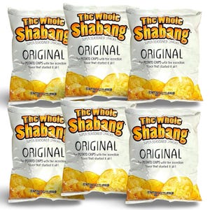 May include: Six bags of "The Whole Shabang" Original potato chips. Each white bag features the brand name in orange and yellow, with the words "Super-Seasoned Snacks" above "Original". The bags display an image of golden potato chips.