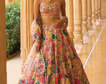 Mehrfarbiges Georgette Lehenga Choli Set, bestickte indische Hochzeit & Festliches Outfit für Frauen