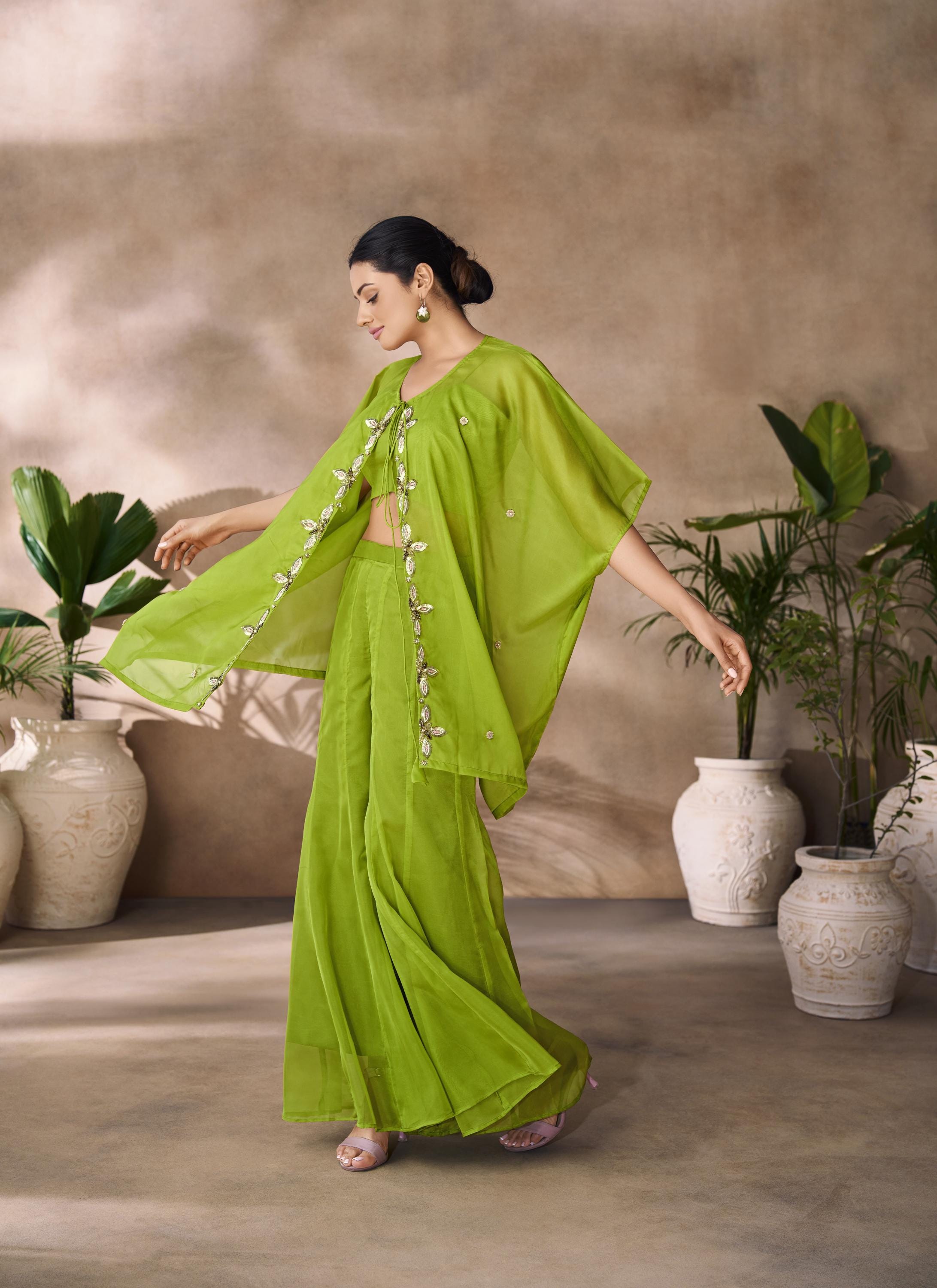 parrot green colour dresses Parrot Green Floral Sequins Embroidered Georgette Dress Material