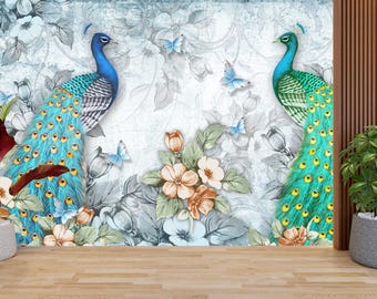 Peacock Wall Mural, Elegant Bird Wallpaper, Vintage Floral Peacock Wallpaper, Luxury Living Room Wall Decor, Botanical Peel  Stick Wallpaper