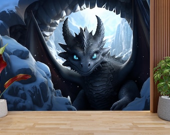 Black Dragon Wall Mural, Ice Dragon Wallpaper, Fantasy Dragon Wall Art, Mythical Creature Decor, Dragon Cave Mural, Epic Fantasy Wallpaper,