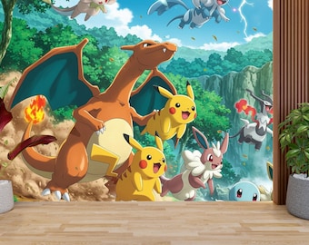 ポケモンアドベンチャー壁画、ピカチュウ＆リザードン壁紙、アニメ子供部屋装飾、ゲーム壁アート、ポケモン子供部屋壁紙