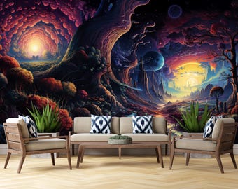Fantasy Cosmic Landscape Wall Mural, Dreamy Galaxy Forest Wallpaper, Surreal Universe Wall Art, Celestial Nature Mural, Sci Fi Fantasy Decor