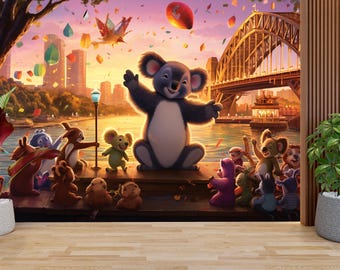 Cute Koala Wall Mural, Kids Room Wallpaper, Australian Wildlife Wall Decor, Nursery Animal Mural, Sydney Harbor Theme Wallpaper,