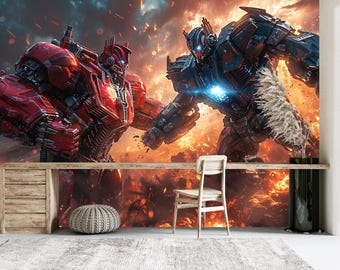 Epische Roboter Schlacht Wandbild, Futuristische Mecha Tapete, Sci Fi Action Wanddekor, Spielzimmer Wandbild, Cyberpunk Roboter Wandkunst