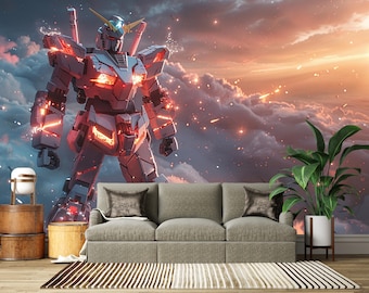 Gundam Mecha Wall Mural, Anime Robot Wallpaper, Futuristic Giant Mech Wall Decor, Sci-Fi Gaming Room Wall Covering, Kids Bedroom Mural