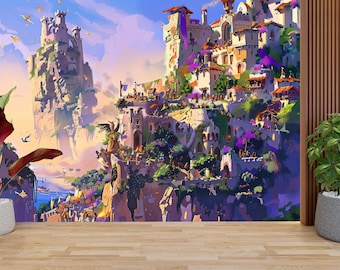 Fantasy Floating City Wall Mural, Dreamy Cliffside Village Wallpaper, Magical Castle Town Wall Decor, Fairytale Landscape Mural,