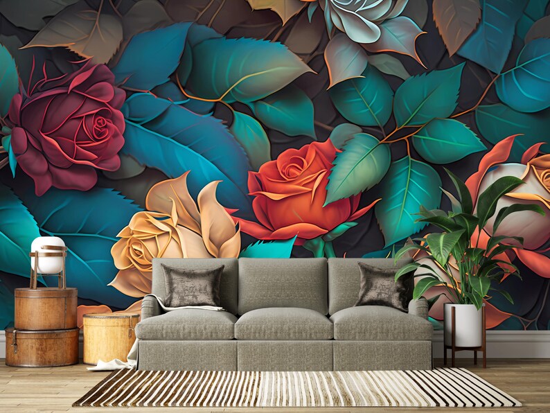 Dark Floral Wall Mural, Vintage Rose Wallpaper, Moody Flower Wall Decor ...