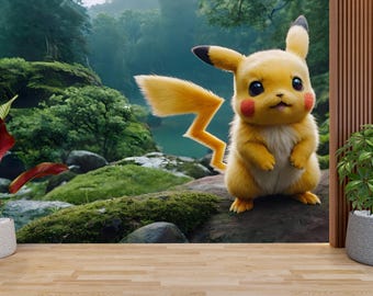 Cute Pikachu Wall Mural, Pokemon Inspired Kids Room Wallpaper, Cartoon Character Wall Decor, Gaming Nursery Wall  Forest Adventure Wallpaper