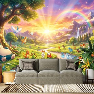 Puede incluir: Un sofá gris de tres cojines se sitúa frente a un gran mural de pared que representa un paisaje vibrante con atardecer, arcoíris y varias criaturas animadas. A la izquierda hay contenedores de madera apilados y a la derecha una planta verde.