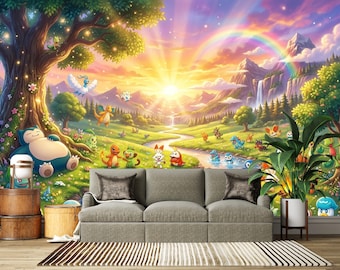 Monster Adventure Wall Mural, Cute Cartoon Creature Wallpaper, Kids Bedroom Wall Decor, Fantasy Forest Landscape, Colorful Nursery Wallpaper
