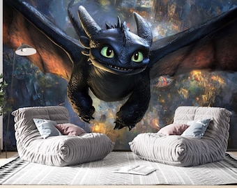 Cute Dragon Wall Mural, Fantasy Dragon Wallpaper, Kids Room Wall Decor, Flying Dragon Wall Art, Magical Creature Mural for Bedroom