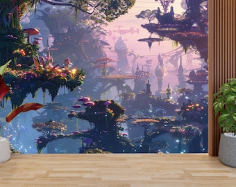 Fantasy Floating Islands Wall Mural, Enchanted Forest Wallpaper, Magical Landscape Wall Decor,  Dreamy Fairy World Wallpaper,