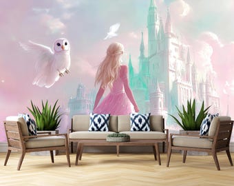 Fairytale Princess Castle Wall Mural, Pink Fantasy Wallpaper, Magical Kingdom Wall Decor, Girls Bedroom Wallpaper, Dreamy Castle Wall Art