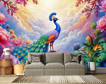 Colorful Peacock Wall Mural, Floral Peacock Wallpaper, Boho Bird Wall Decor, Maximalist Nature Wallpaper, Luxury Living Room Wall Art