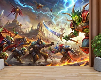 Fantasy Battle Wall Mural, Epic Warrior Wallpaper, RPG Game Room Decor, Medieval Fantasy Wall Art, Gamer Bedroom Wallpaper,