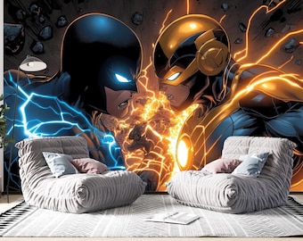 Batman vs Iron Hero Wall Mural, Superhero Battle Wallpaper, Comic Book Wall Art, Kids Room Decor, Action Hero Mural, Gamer Room Wallpaper,