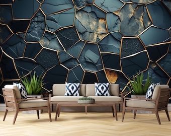 Dunkelblauer Stein Wandbild, Geometrische Luxus Tapete, Moderne Abstrakte Wanddekoration, Marmor Textur mit Goldakzent, Zeitgenössische Feature Wand