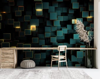Luxury 3D Geometric Wall Mural, Black Gold Abstract Wallpaper, Modern Cube Wall Decor, Contemporary Accent Wall, Dark Luxury Interior Design