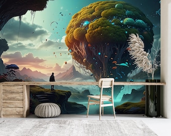 Fantasy Tree of Life Wall Mural, Magical Forest Wallpaper, Surreal Nature Landscape, Dreamy World Wall Decor, Office and Living Room Mural