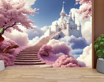 Dreamy Castle Wall Mural, Pink Cherry Blossom Wallpaper, Fantasy Cloud Kingdom Decor, Princess Bedroom Wall Art, Fairytale Castle Mural,