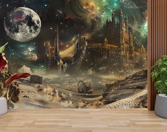Cosmic Fantasy Castle Wall Mural, Space Kingdom Wallpaper, Celestial Galaxy Wall Decor, Sci Fi Fantasy Landscape, Epic Universe Wall Art