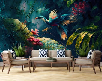 Tropical Bird Wall Mural, Exotic Jungle Wallpaper, Colorful Toucan Wall Decor, Dark Botanical Wallpaper, Luxury Tropical Wall Art
