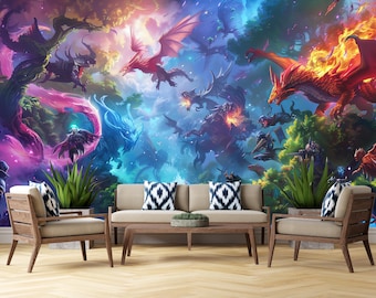 Epic Dragon Battle Wall Mural, Fantasy Dragon Wallpaper, Mythical Creatures Wall Art, Dragon Kingdom Decor, Gamer Room Wallpaper,