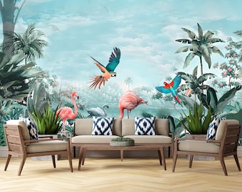 Tropical Flamingo Wall Mural, Exotic Jungle Wallpaper, Tropical Bird Wall Decor, Flamingo and Parrot Mural,